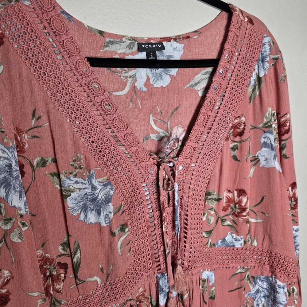 Torrid Womens‎ 2X Dusty Coral Floral Gauze Crochet Babydoll Top Peasant Babydoll - Picture 2 of 8